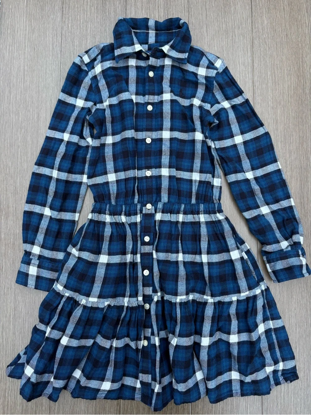 Ralph Lauren Girl Plaid Motif Flannel ShirtDress 100% Cotton In Blue Size 7